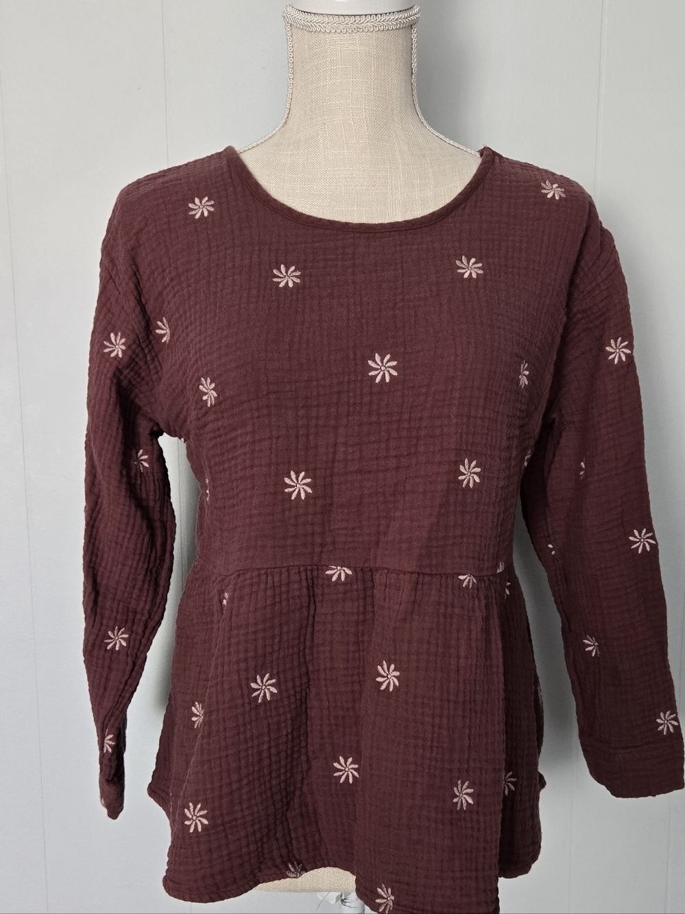 Madewell Maroon Long-Sleeve Peplum Tunic with Embroidered Daisy Detail